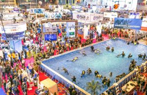 Les allées et le bassin du Salon International de la Plongée, Porte de Versailles à Paris